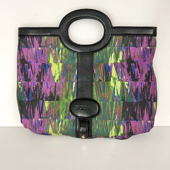 Bodhi Handbags - Vintage Bodhi Multicolor Abstract Coated Fabric‎ Leather Trim Large Tote Handbag